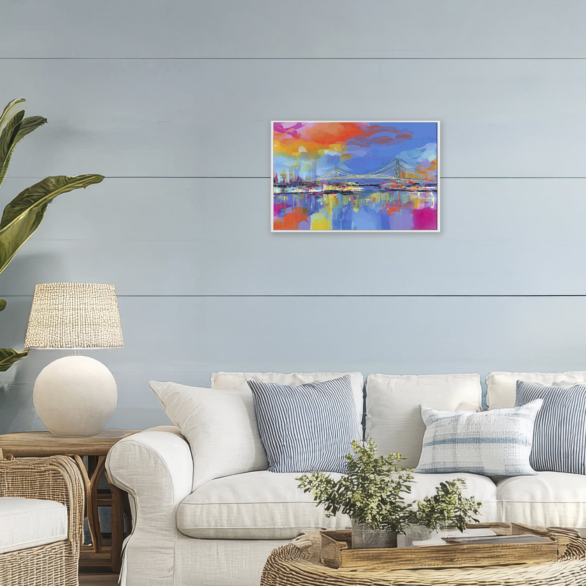 Stupell Industries Bay Bridge Aglow at Sunrise White Framed Giclee Art, design by Chromatic Storm Studio