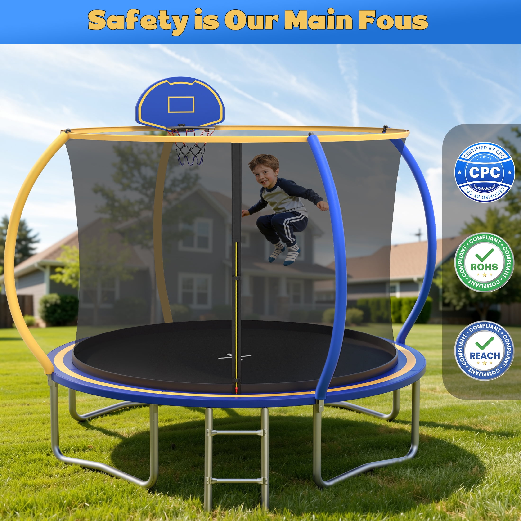 10 FT Trampoline for Kids with Basketball Hoop, SEGMART Upgraded Kids Outdoor Trampoline with Enclosure Net and Ladder, Heavy Duty Round Recreational Trampoline for Indoor Outdoor Backyard