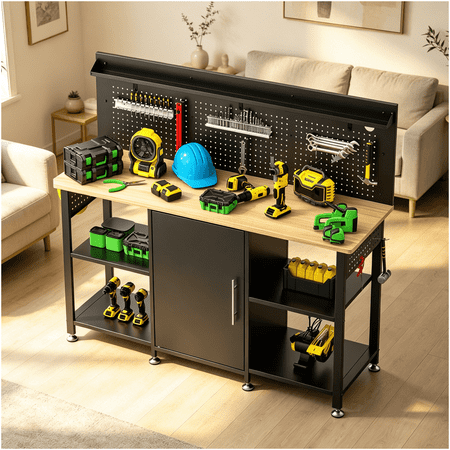 Home Office Desk with Storage Cabinet and Pegboard, Black Workstation for Study Room and Small Office