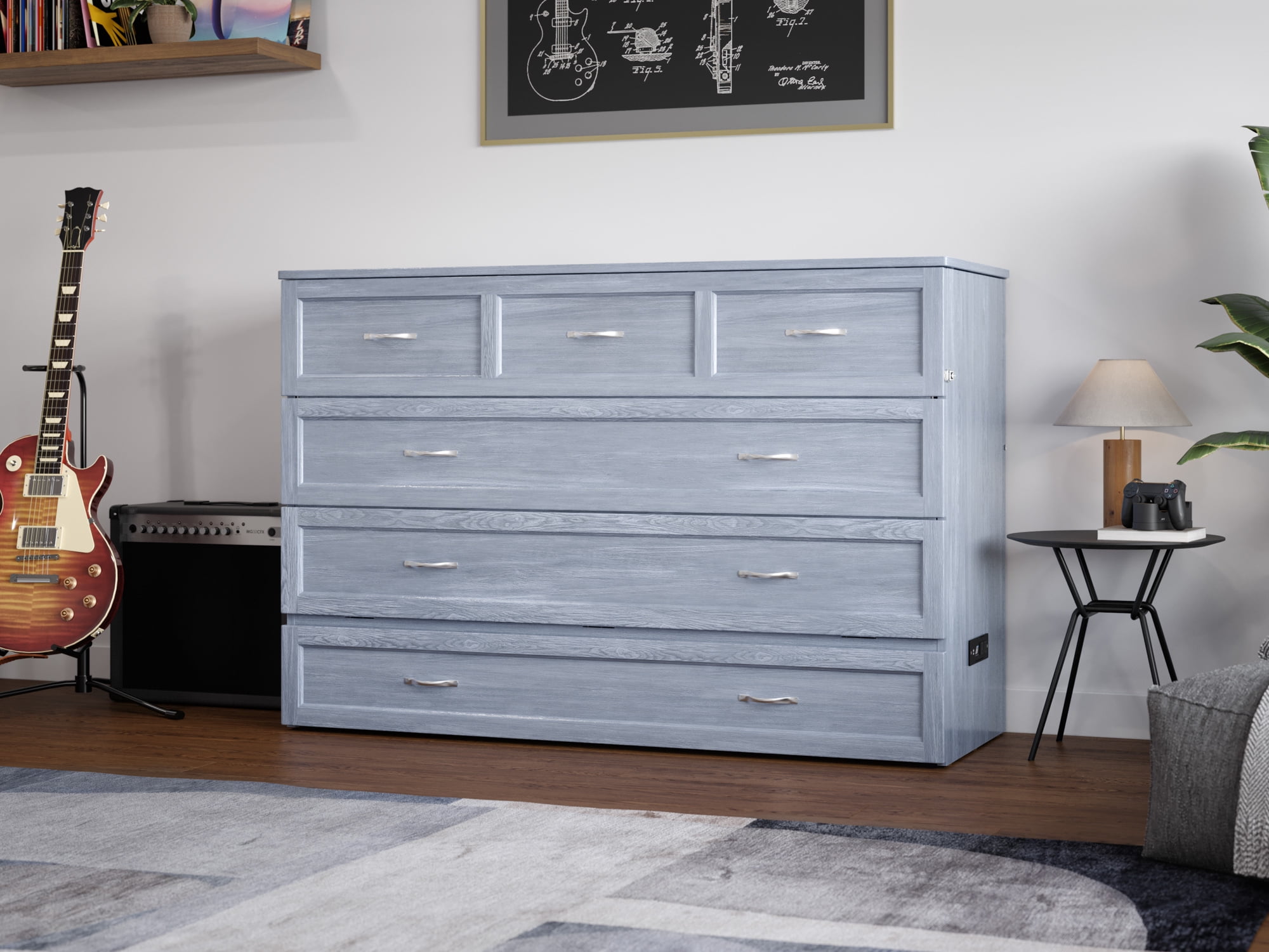 AFI Northfield Queen Wood Murphy Bed Chest with Mattress, Drawer & Charger, Driftwood