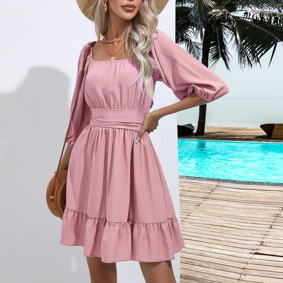 Homenesgenics Dresses for Women Womens Dresses Summer Fashion Women's Summer Casual Slim V-shaped Short-sleeved Solid Color Dress Pink S