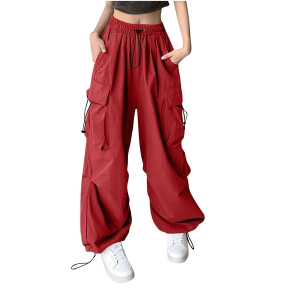 CFMDUC Parachute Pants for Woman Baggy Cargo Pants Drawstring Elastic High Waist Trousers with Pockets Y2K Streetwear with Pockets Red S