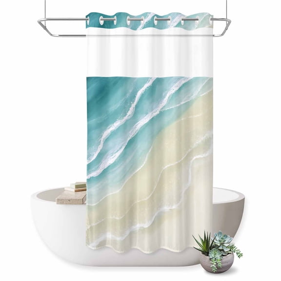 No Hook Shower Curtain, Teal Beach Coastal Shower Curtains for Bathroom with See Through Top Window, Summer Ocean Nautical Seaside Waterproof & Washable Bath Curtain Small Stall 36"x78"