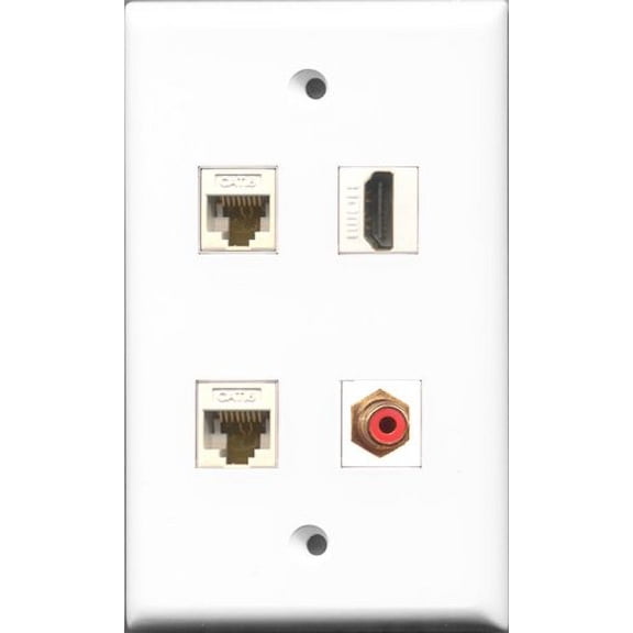 RiteAV 1 Port HDMI and 1 Port RCA Red 2 Port Cat6 Ethernet White Wall Plate