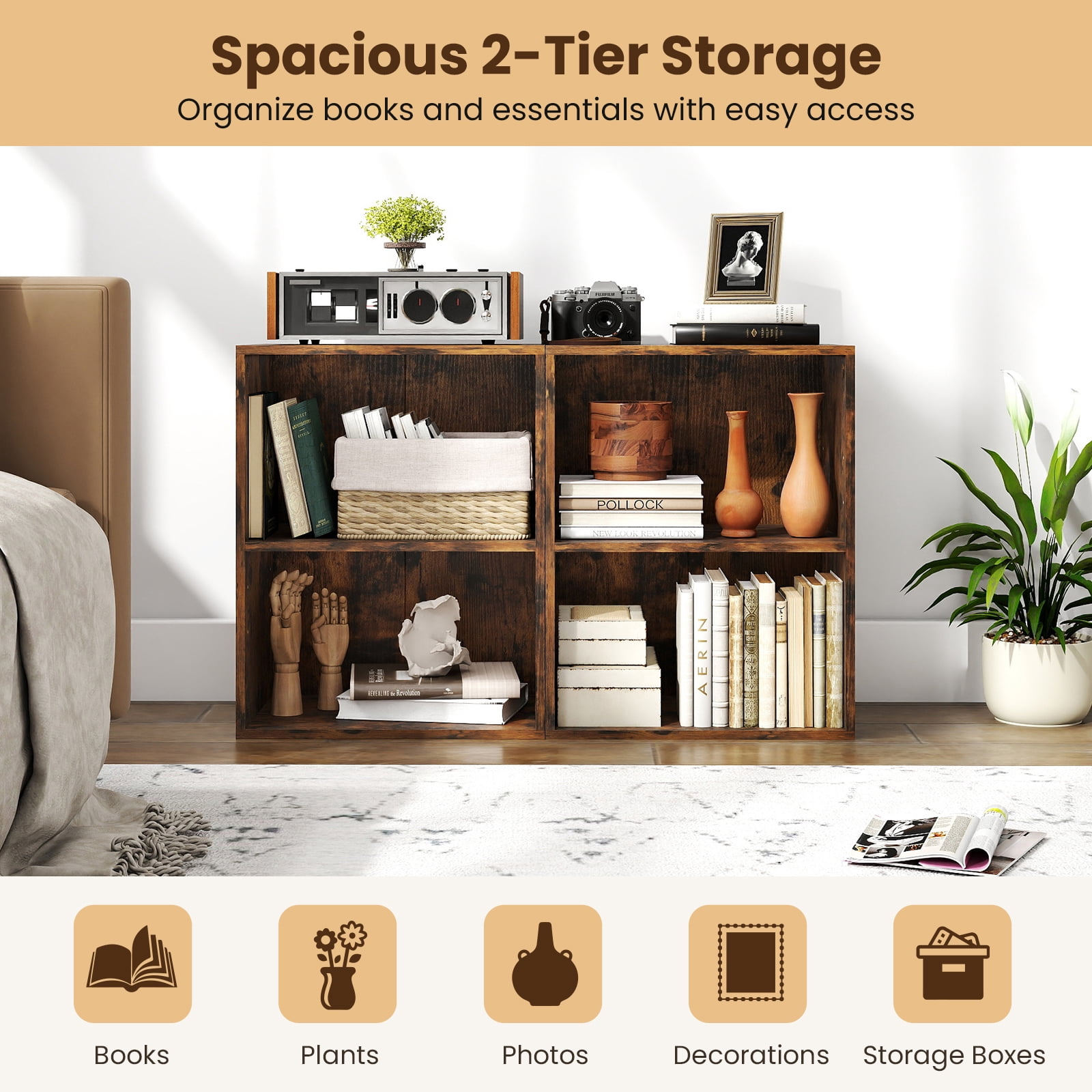 Costway 2-Cube Bookcase with 5-Position Adjustable Shelf, Anti-Toppling Kits for Study Rustic Brown