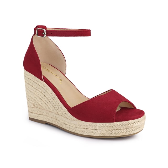 BLISSFUL STEP Women's Espadrille Platform Ankle Strap Wedge Heels Sandals Red (Size 9)