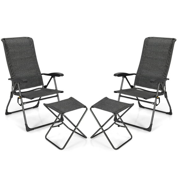 Patiojoy 4 PCS Outdoor Wicker Chaise Lounge Patio Lounge Chair Ottoman Set Camp Chairs w/7-Gear Adjustable Backrest Gray