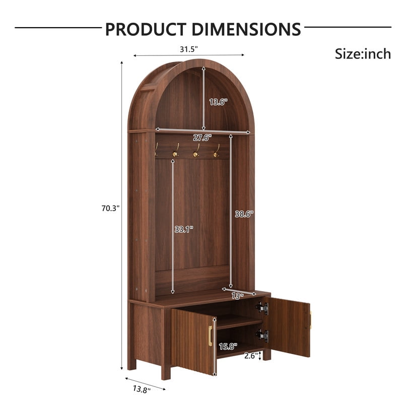 Farmhouse Style Arched Top Hall Tree, Shoe Bench with Storage Cabinet, Coat Rack Organizer with 4 Hooks and 2 Fluted Doors