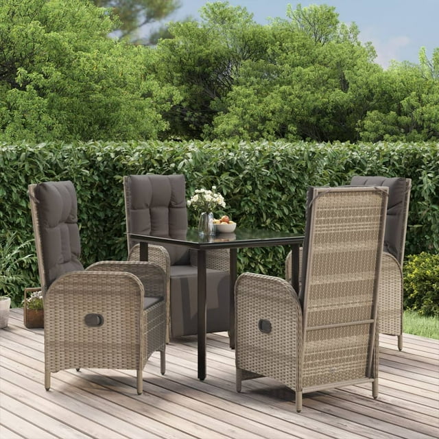 vidaXL 5 Piece Garden Dining Set with Cushions Black and Grey Poly Rattan