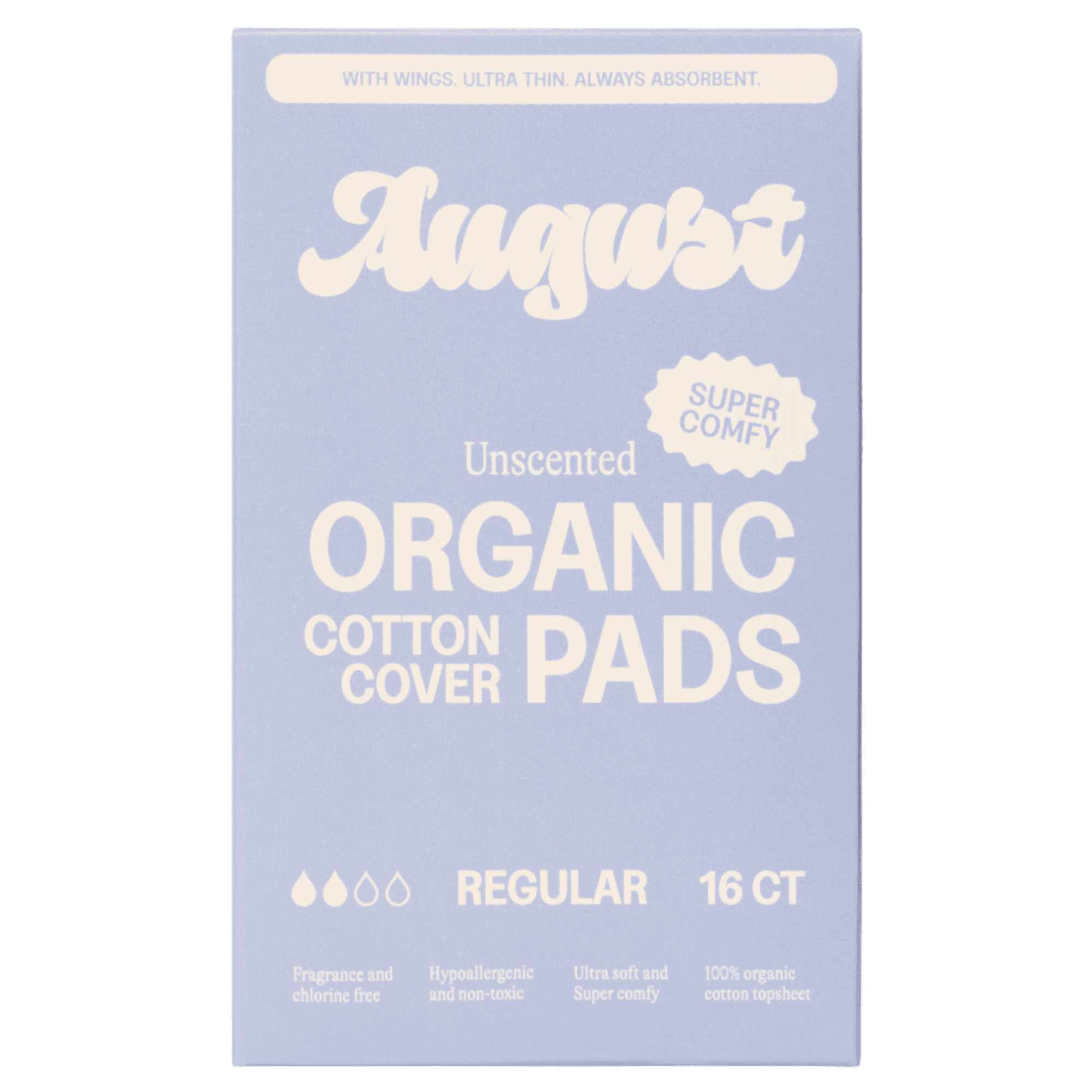 August Organic Cotton Cover Pads with Wings, Regular, Unscented, 16 Count