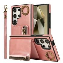 Allytechgroup Stylish Galaxy S22 Ultra Wallet Case, Premium Phone Case for Samsung Galaxy S22 Ultra with Card Holder Zipper Pocket Hand Wrist Shockproof Stand Cover for Women Men, Pink