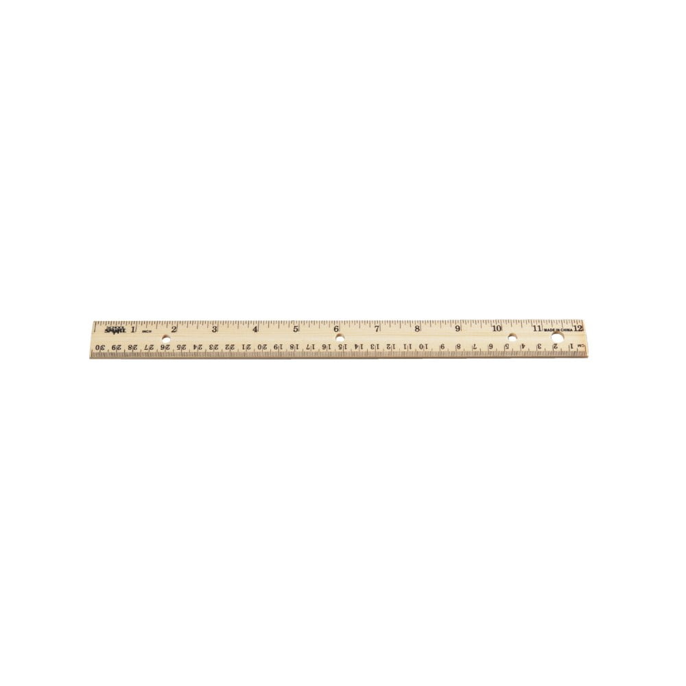 Double Beveled Edge Wood Ruler Inch And Metric With 3 Hole Punched For Binder, 12 In. L