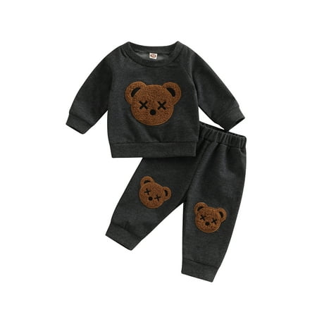 

LWXQWDS Infant Baby Boy Girl Fall Winter Clothes Outfits Bear Embroidery Tops and Pants Kids Sweatsuit 2 Pieces Set Dark Gray 0-6 Months