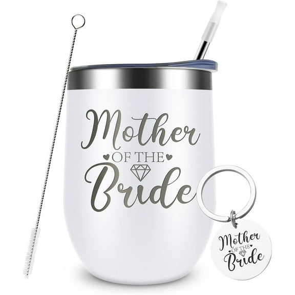 Mother of Bride Tumbler-Wedding Anniversary Engagement Gifts Bridal Mom Engraved Vacuum Insulated Stainless Steel Mug Tumbler Straw Lid,Mom Tumbler from Bride Groom 12 Ounce White