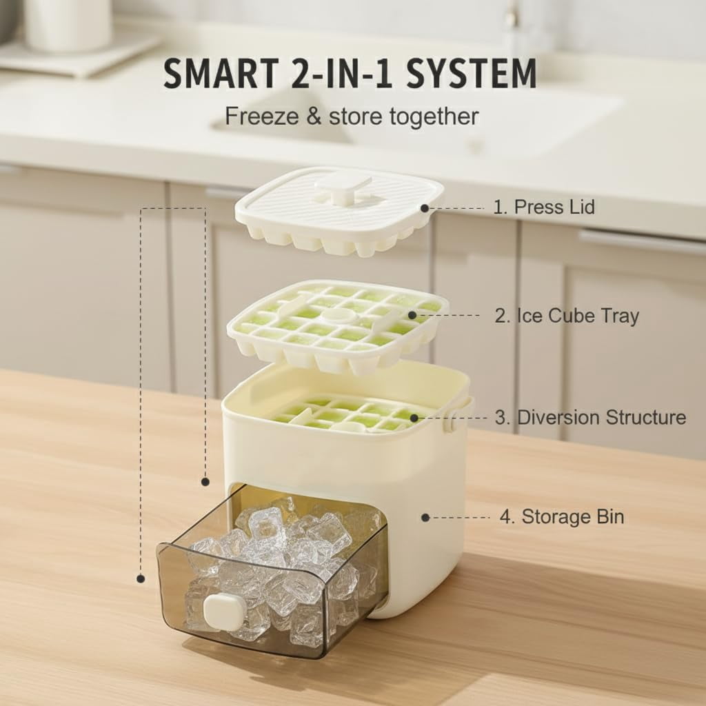 Fountwell 48-Cube Portable Ice Tray with Easy Press Lid, Double-Deck Ice Maker – Includes Container, Bin & Tongs for Whiskey, Cocktail, Coffee