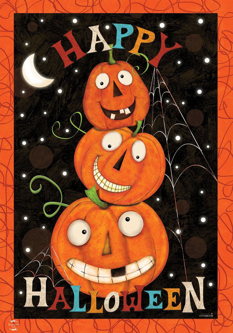 Halloween JACK O LANTERNS Stacked Pumpkins SMILE HIGH Small Banner Flag 12.5x18" 