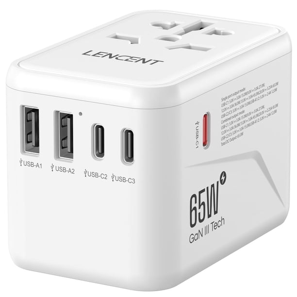 Adaptador Universal de Viaje LENCENT Blanco GaN III 65W con 2 Puertos USB y 3 PD USB-C para USA Euro