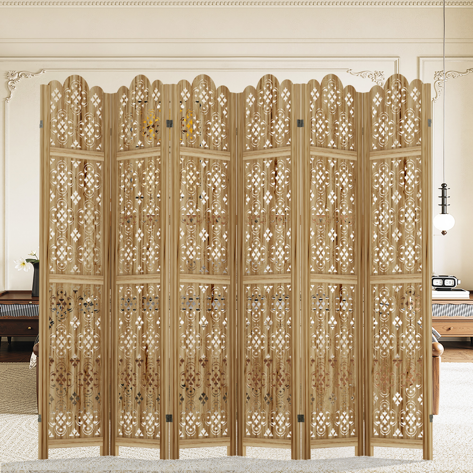 MAYEERTY 6-Piece 67×16" Natural Wood Privacy Panel Screen for Living Room, Coin Pattern