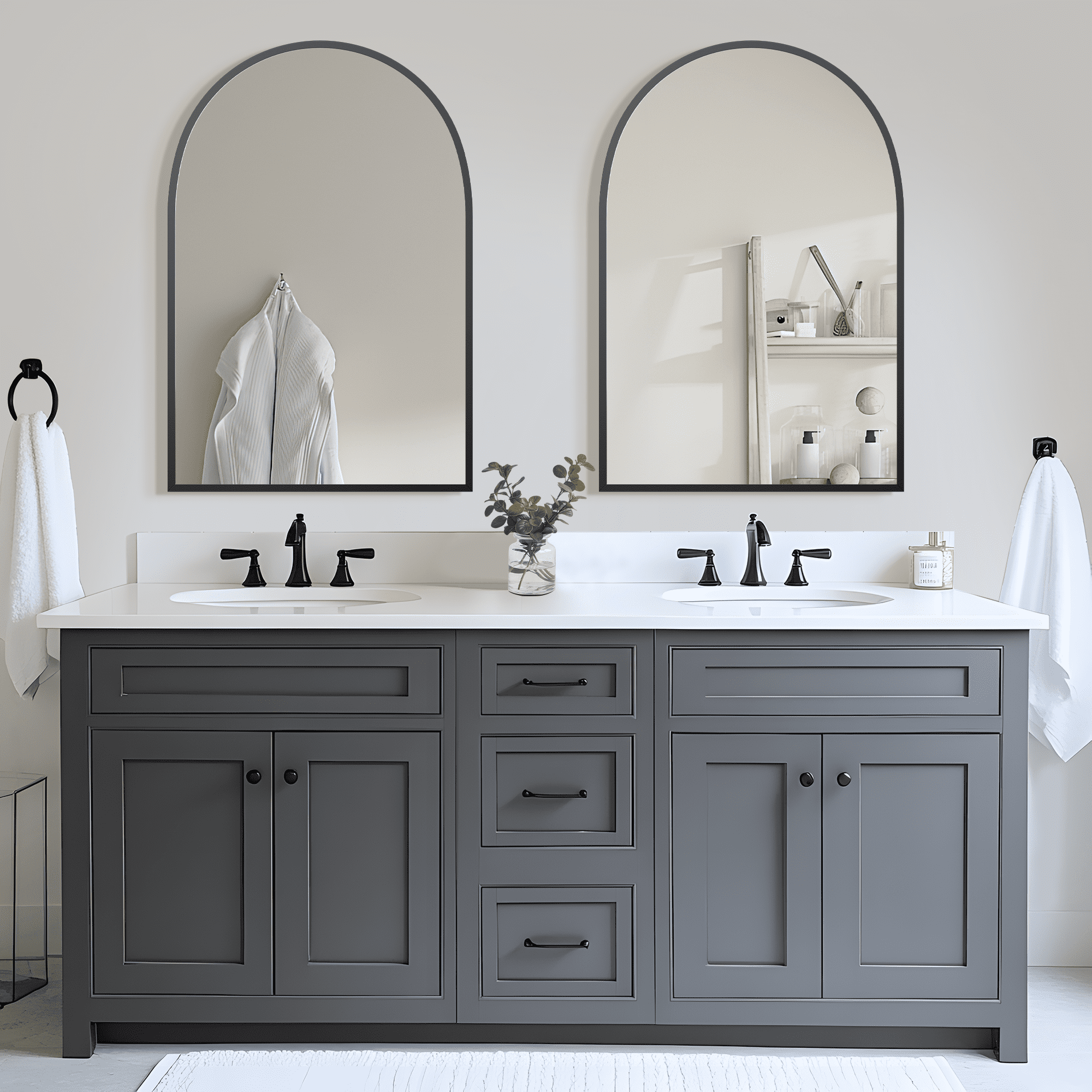 MAYEERTY Modern 36*24in Wall Mounted Mirror for Bathroom, Aluminum Frame, Right-Angle Arch, Black