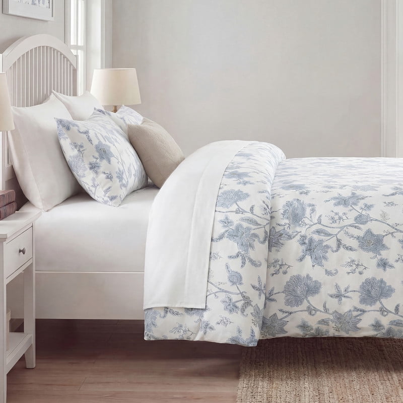Blue Floral Duvet Cover King Size, 100% Cotton Bedding Set with Zipper Closure & Corner Ties, Soft Breathable Branches Botanical Floral Duvet Cover Set for All Seasons
