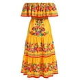 thumbnail image 2 of IBTOM CASTLE Women's Mexican Dress Floral Print Smocked Traditional Wear Off Shoulder Beach Holiday Party Long Maxi Dresses 2XL Yellow, 2 of 8