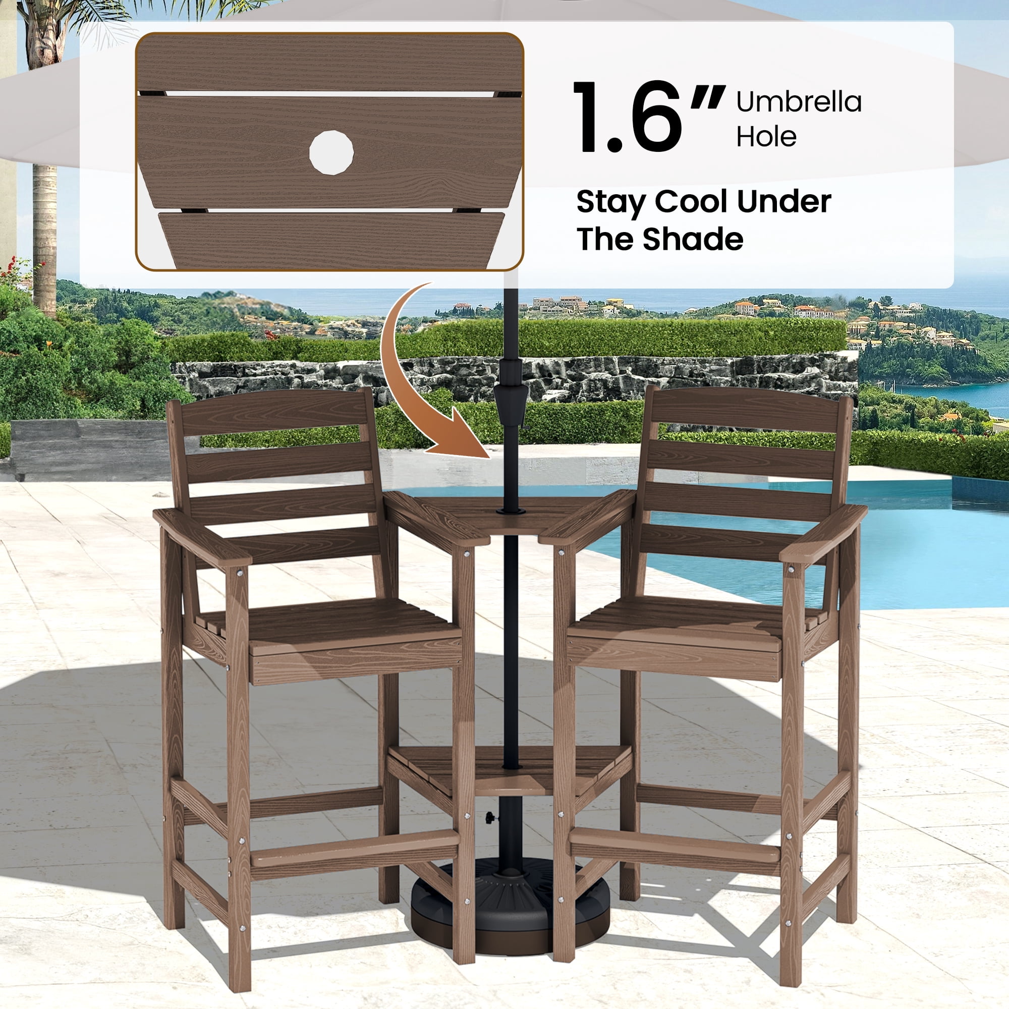 SERWALL Tall Adirondack Chairs Set of 2 with Connecting Table,  HDPE Adirondack Outdoor Barstools, Brown