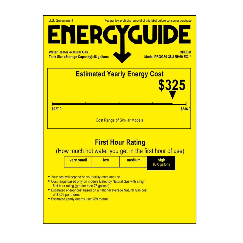 Rheem 308268482 Professional Classic 50 Gal Tall 6 Year 38,000 Btu Ultra  Low Nox Natural Gas Water Heater - Walmart.com