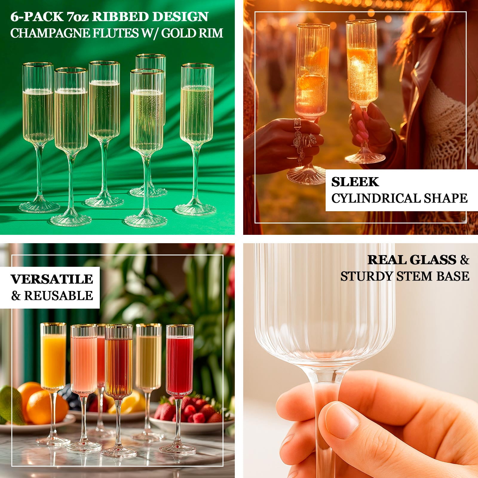 Efavormart 6-Pack Modern Champagne Flutes – 7oz Real Glass, Clear Ribbed Cylindrical Design with Gold Rim, Elegant Toasting Glasses for Weddings & Celebrations – 9.5" Tall