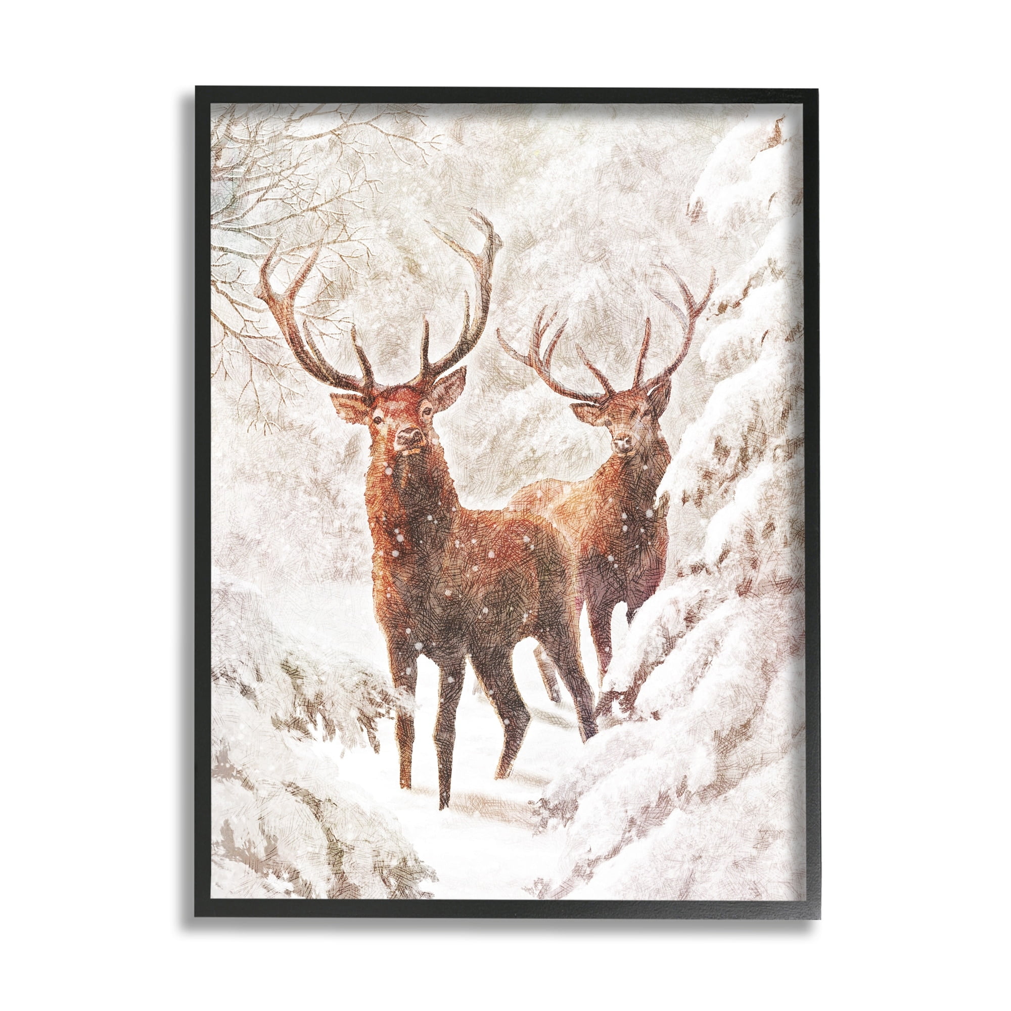 Stupell Industries Elks Snowy Forest Wildlife Holiday Painting White Framed Art Print Wall Art