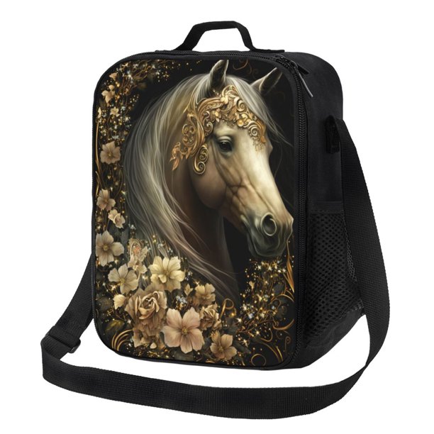 Disketp Palatial Gold Pattern Horse Bolsa Térmica Estampada para Almuerzo, Lonchera para Hombres y Mujeres Adultos