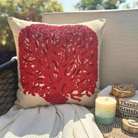 Toss Pillow Covers, Decorative Ecru Cushion Cover 16x16 inch (40x40 cm), Linen Pillow Covers, Nature & Floral, Tree, Beaded, Modern Designer Pillowcases - Changing Tree