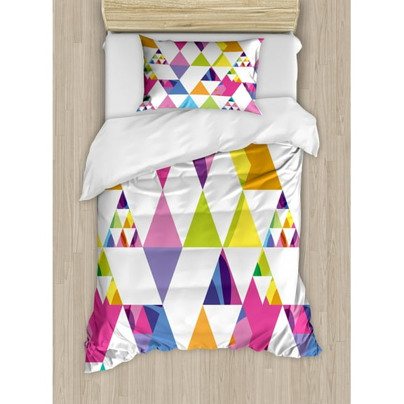 Geometric Duvet Cover Set Twin Size, Irregularly Aligned Rhombus and Triangle Figures Funky Colorful Mosaic Tiles, Decorative 2 Piece Bedding Set with 1 Pillow Sham, Multicolor, by Ambesonne