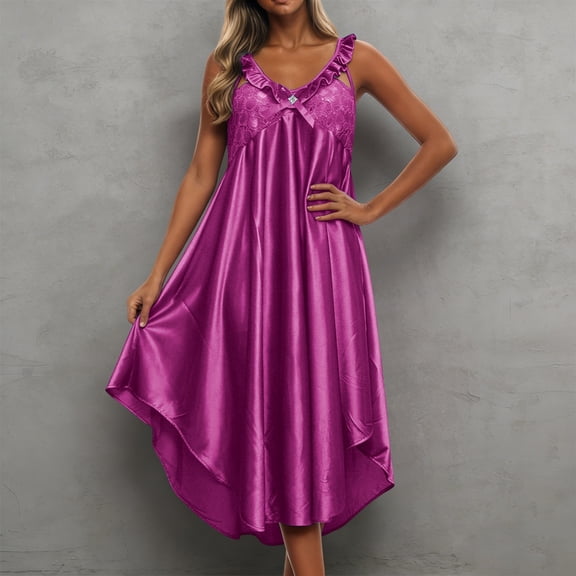 Women's V Neck Ice Silk Slip Nightgown Spaghetti Strap Satin Like Sleep Dress Soft Breathable Lightweight Summer Nightshirt Elegant Lounge Homewear Comfortable Sleepwear