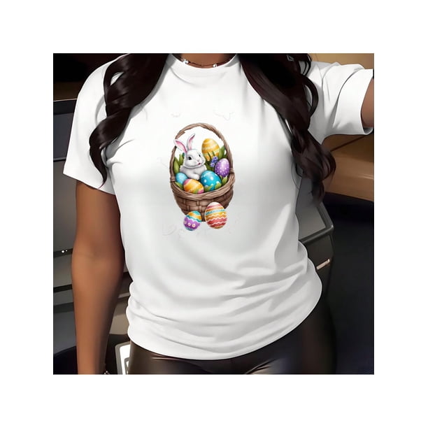 Easter Bunny And Egg Print T-Shirt For Men And Women Round Neck Cotton Short Sleeve Sports T-Shirt For All Seasons Tee For Adult, Men, Women, Teen, Teenager, Adolescent, Youth.