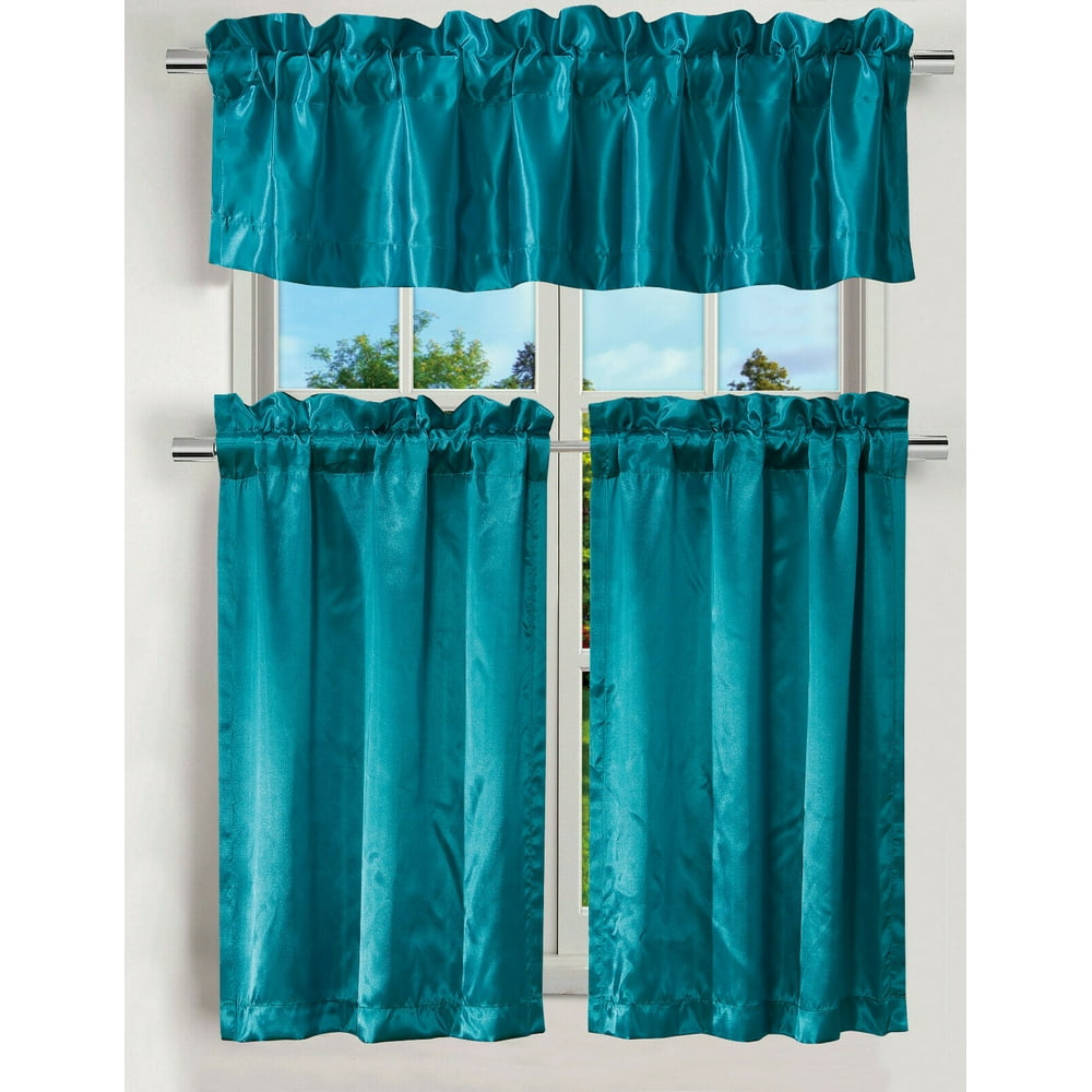 LUXURY 3PC KITCHEN CURTAIN TEAL SATIN COLOR CURTAIN VALANCE AND TIERS