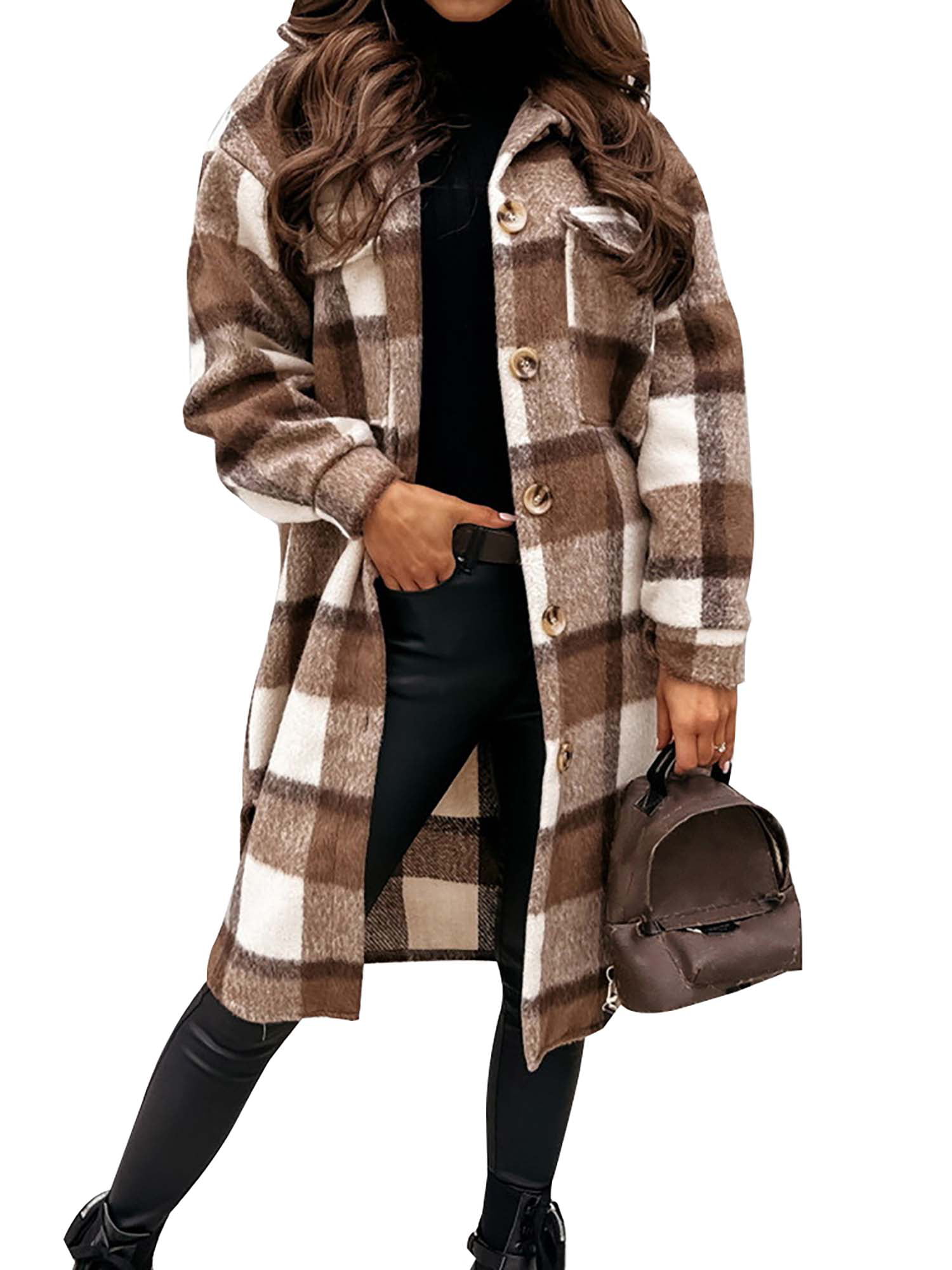 Womens Coat Fleece Winter Warm Lamb Wool Fuzzy Outwear Plaid Print Button Fall Jacket Long Sleeve Lapel Outwear Oversized