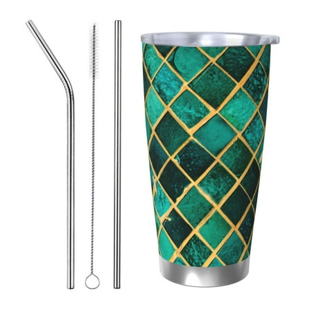 

Ocsxa Green Mosaic Glass Pattern 20oz Travel Coffee Mug with Flip Lid Stainless Steel Insulated Insulated Coffee Mug Thermal Cup with Splash Proof Sliding Lid-Straw Three-piece Set