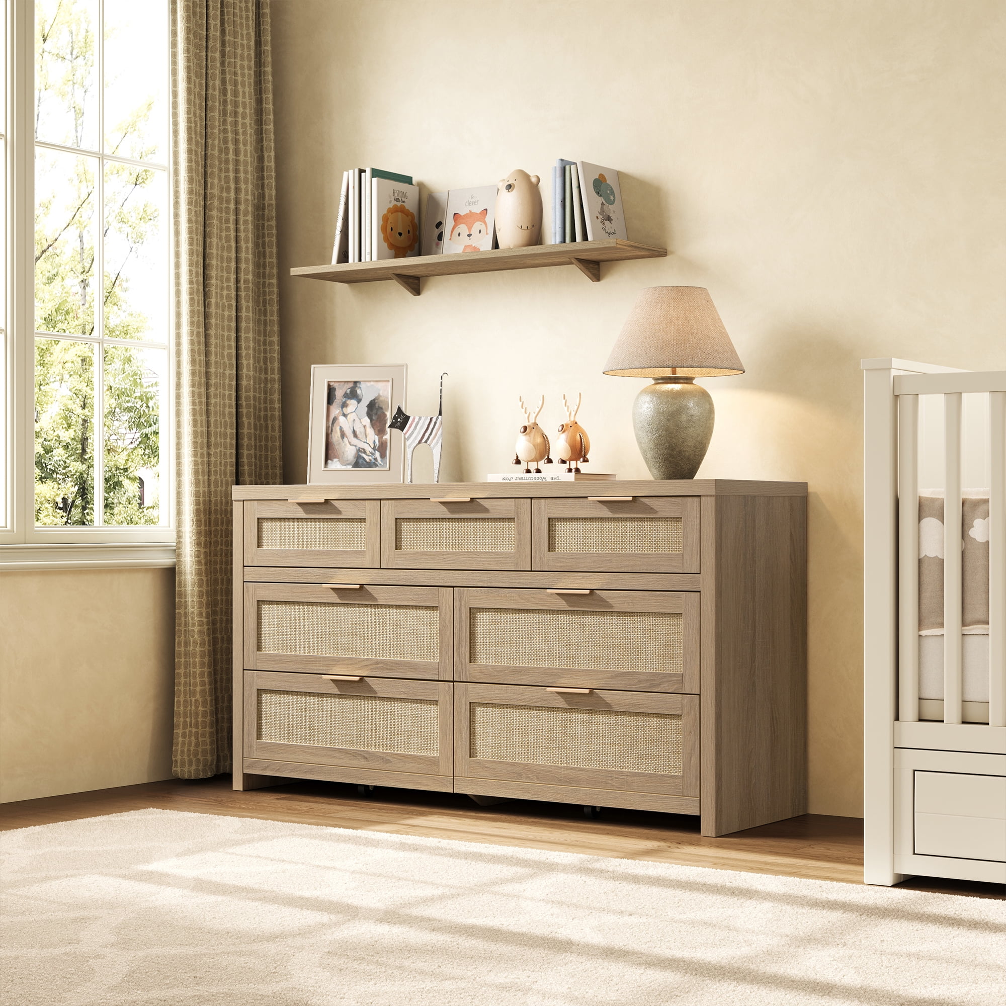 SICOTAS 56.88" Wide 7 Drawer Tall Dressers, Boho Dresser with Oversized Storage Space Rattan Dressers & Chests of Drawer Engineered Wooden Dressers for Bedroom,Reclaimed Light Oak