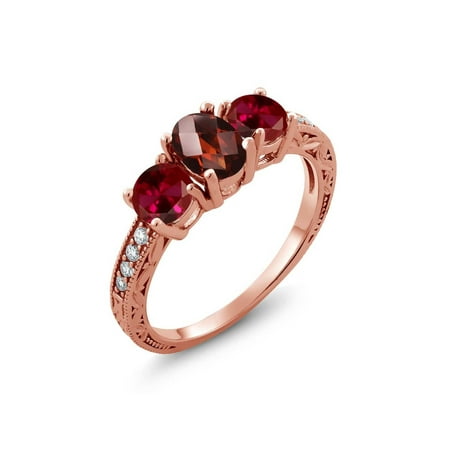 18k Ruby Ring - 2.12 Ct Oval Checkerboard Red Garnet Red Created Ruby 18K Rose Gold Plated Silver Ring