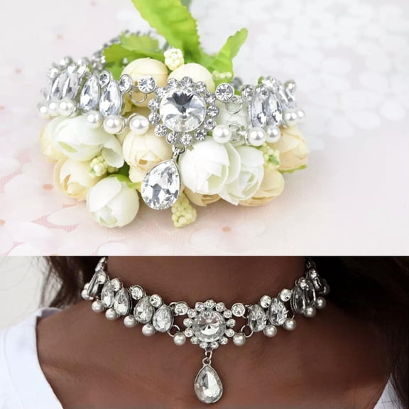 HOOUN Pearl Statement Necklace Rhinestone Choker White Women's Bride Miss
