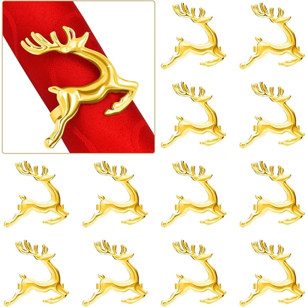 JM Servilleteros navideños, juego de 12 servilleteros dorados con forma de ciervo para mesa de comedor, decoración de mesa rústica para recepciones de bodas, Navidad, Acción de Gracias, fiestas navideñas, cenas JM