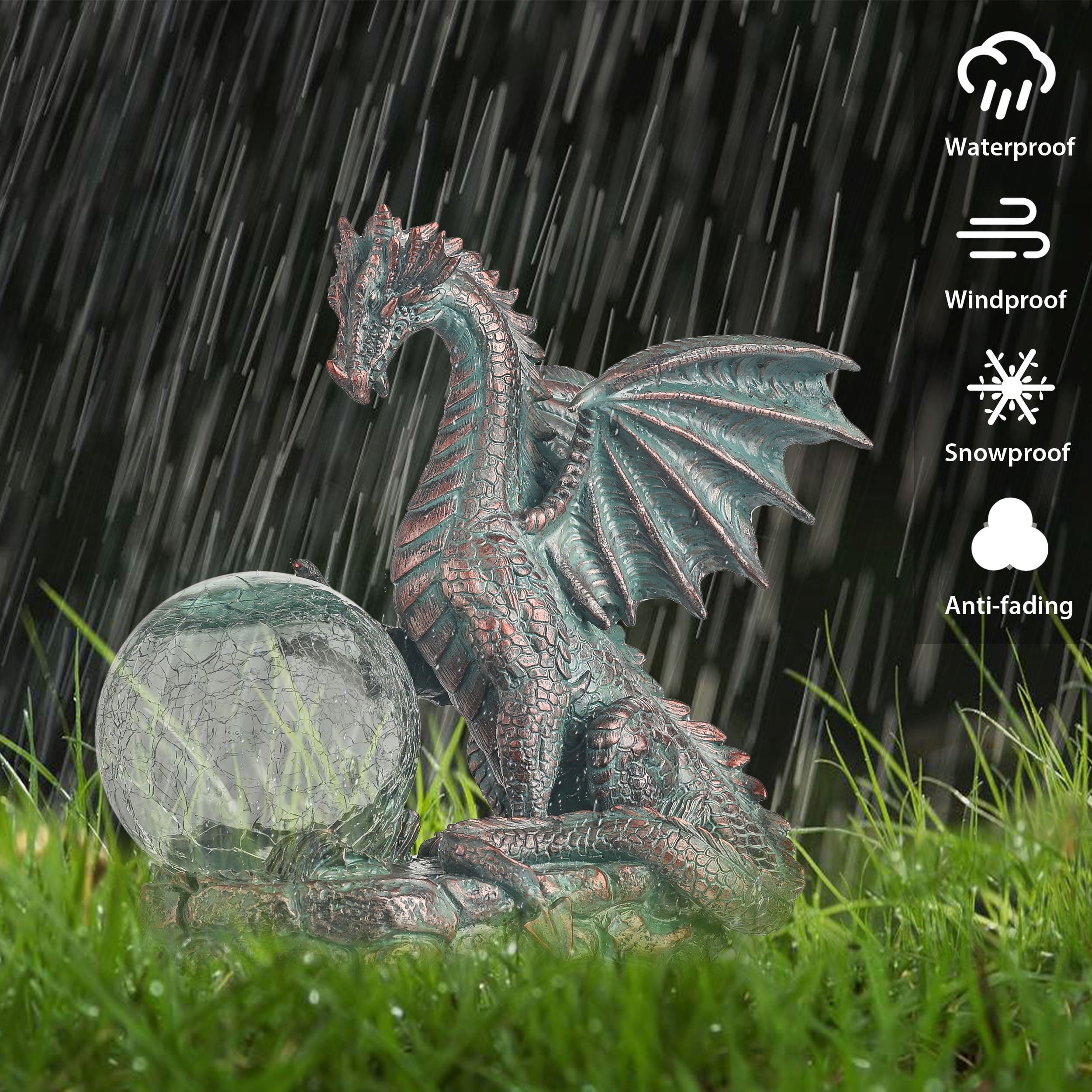 TERESA'S COLLECTIONS 8" Solar Dragon Garden Statue, Resin Gothic Sculpture & Figurine for Patio Lawn Decor