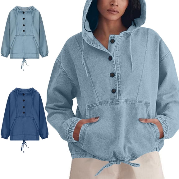 Danhjin Women's Denim Hoodies Half Button Pullover Sweatshirts Fall Winter Fashion Long Sleeve Tops Loose Hooded Casual Streetwear Shirts with Pocket