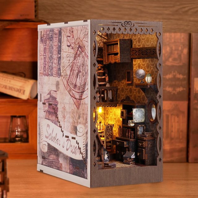 DIY Book Nook Kit 3D Wooden Puzzle Bookshelf Insert Decor with LED Light Creative Educational Bookshelf Insert Bookend Building Ki