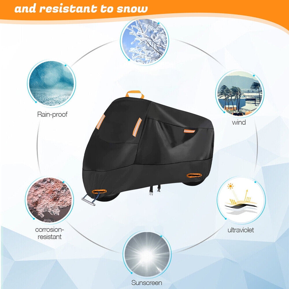 Motorcycle Cover (Four Seasons) Waterproof and Sun Protection Outdoor Night Reflective with Keyhole and Storage Pocket, (XXL: 90" x 35" x 50")