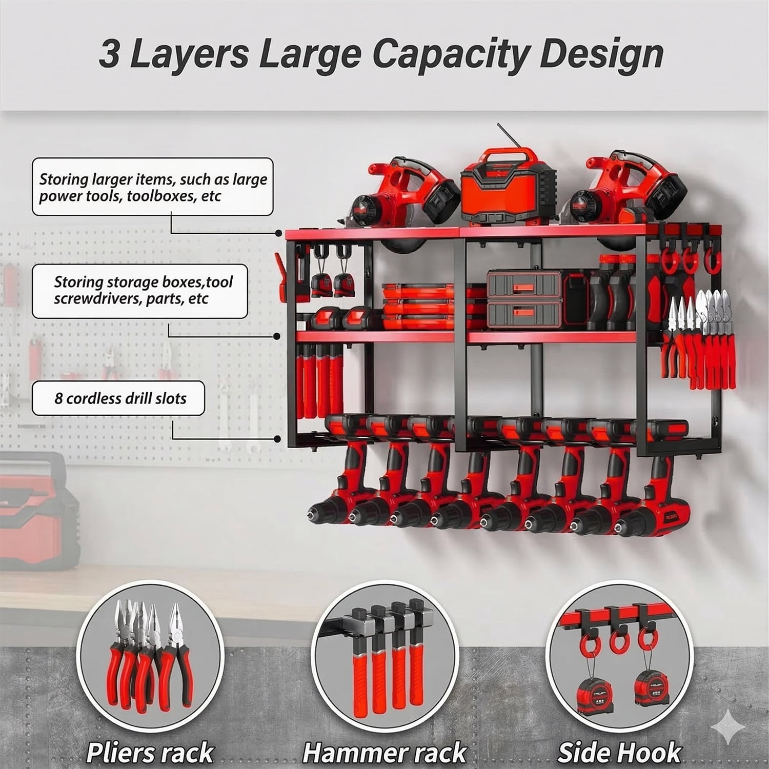 Birodeko Power Tool Organizer Wall Mount, 3-Layer Heavy Duty Garage Storage Rack with 8 Drill Holder Slots & Side Hooks (Red)
