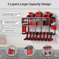 thumbnail image 6 of Birodeko Power Tool Organizer Wall Mount, 3-Layer Heavy Duty Garage Storage Rack with 8 Drill Holder Slots & Side Hooks (Red), 6 of 6
