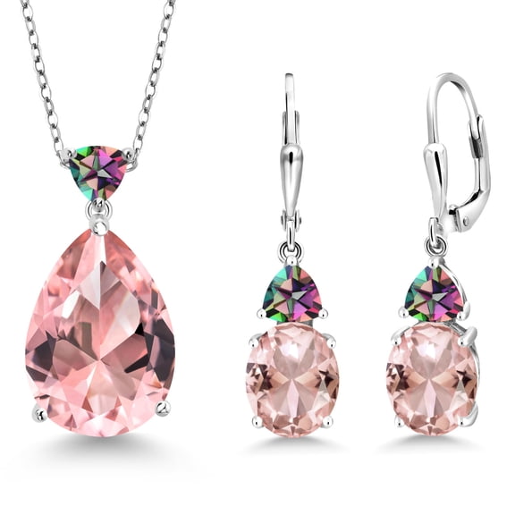 Gem Stone King 925 Sterling Silver Peach Nano Morganite and Green Mystic Topaz Pendant Earrings Jewelry Set for Women (16.79 Cttw, Pear Shape 18X13MM, with 18 inch Chain)