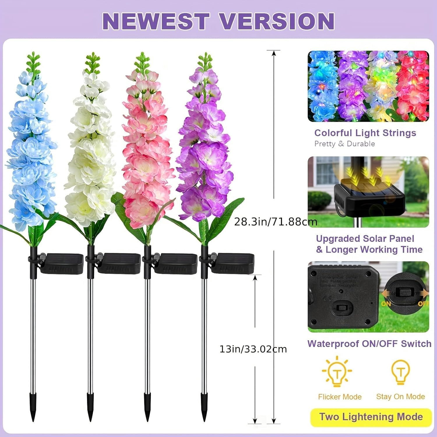 Solar Powered Hyacinth Flower Light, Solar Garden Patio Yard Decor, Color-Changing, Waterproof, Energy-Efficient, and Durable Outdoor Decoration, for Lawn, Path, Courtyard Garden