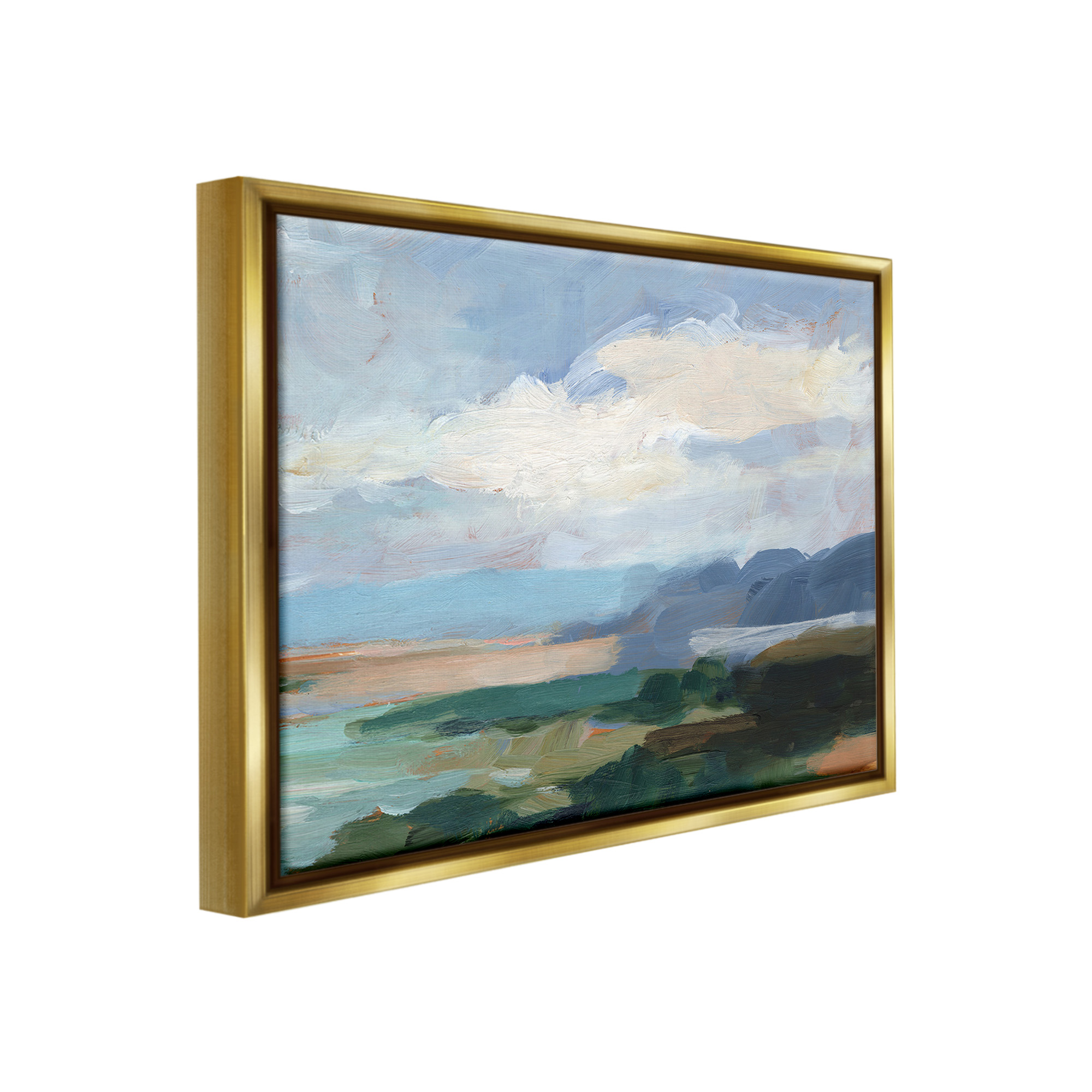 Stupell Industries Traditional Cloudy Beach Landscape Painting Gold Floater Framed Canvas Art Print Wall Art, 31 x 25